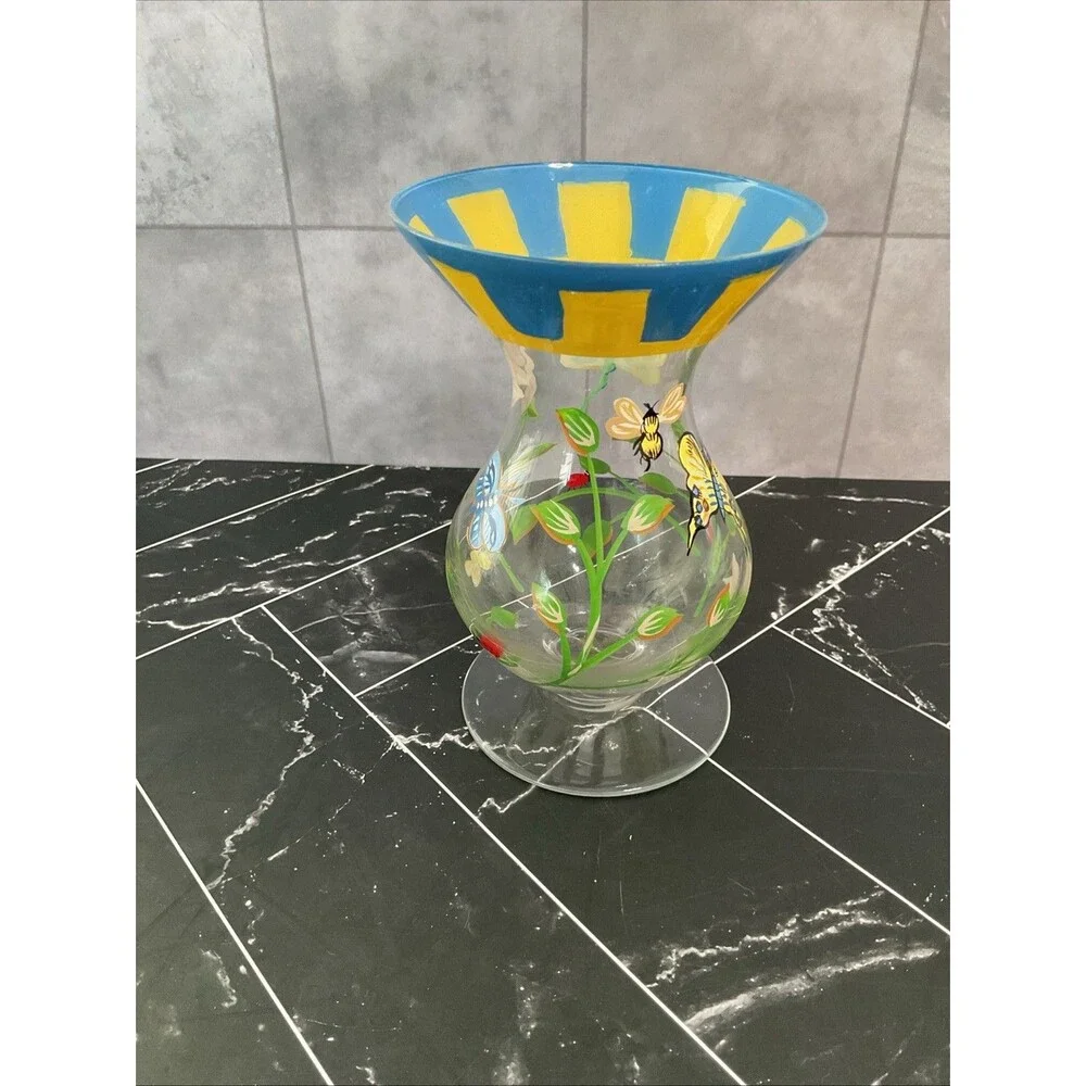 Butterfly Meadow Dragonfly Ladybug FlowerHand Painted Glass Vase 6”